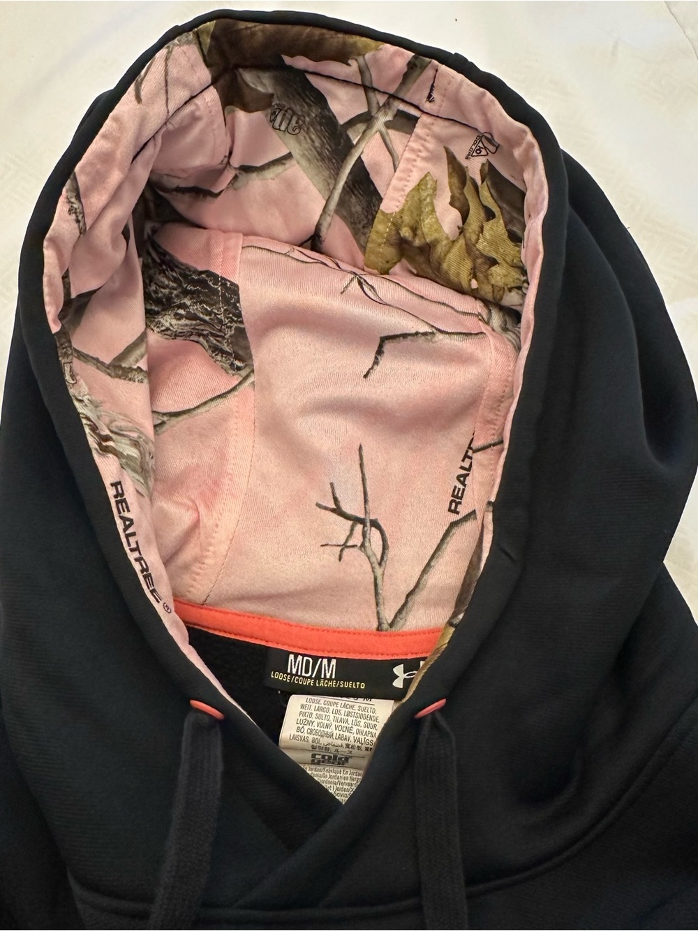 Under Armour Black Hoodie with Pink RealTree Logo and Trim Kangaroo Pocket Sz M - Picture 7 of 12